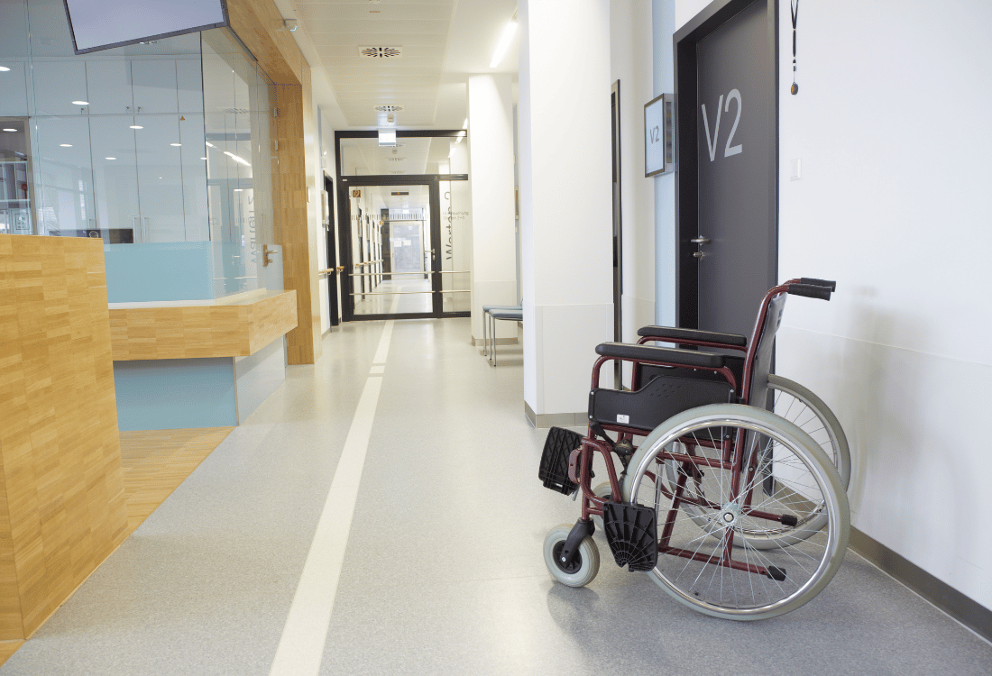 Hospital with an antibacterial flooring solution of hygienic resin flooring.