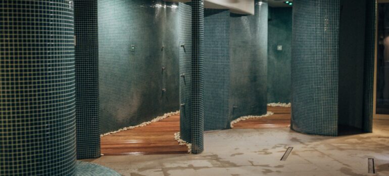 A beautiful blue tiled hotel spa in the UK.