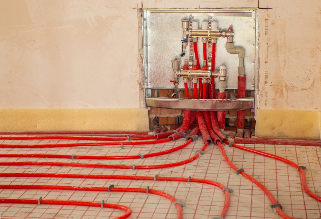 Flooring prepared to install an epoxy floor with underfloor heating.