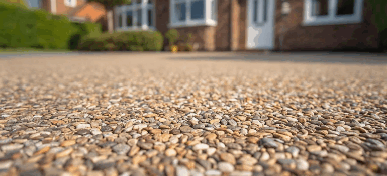 Close-up of a resin-bound driveway in front of a modern home, showing the smooth surface and natural stone aggregate finish, illustrating types of resin driveways for homes.