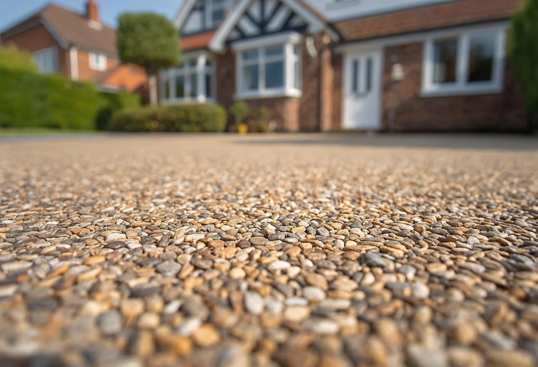 Close-up of a resin-bound driveway in front of a modern home, showing the smooth surface and natural stone aggregate finish, illustrating types of resin driveways for homes.