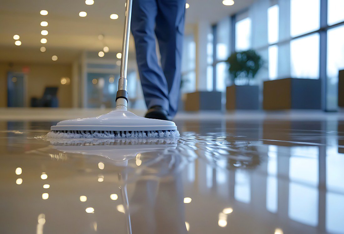 Worker cleaning and polishing a shiny commercial floor with professional equipment in a modern building, representing durable methyl methacrylate flooring.