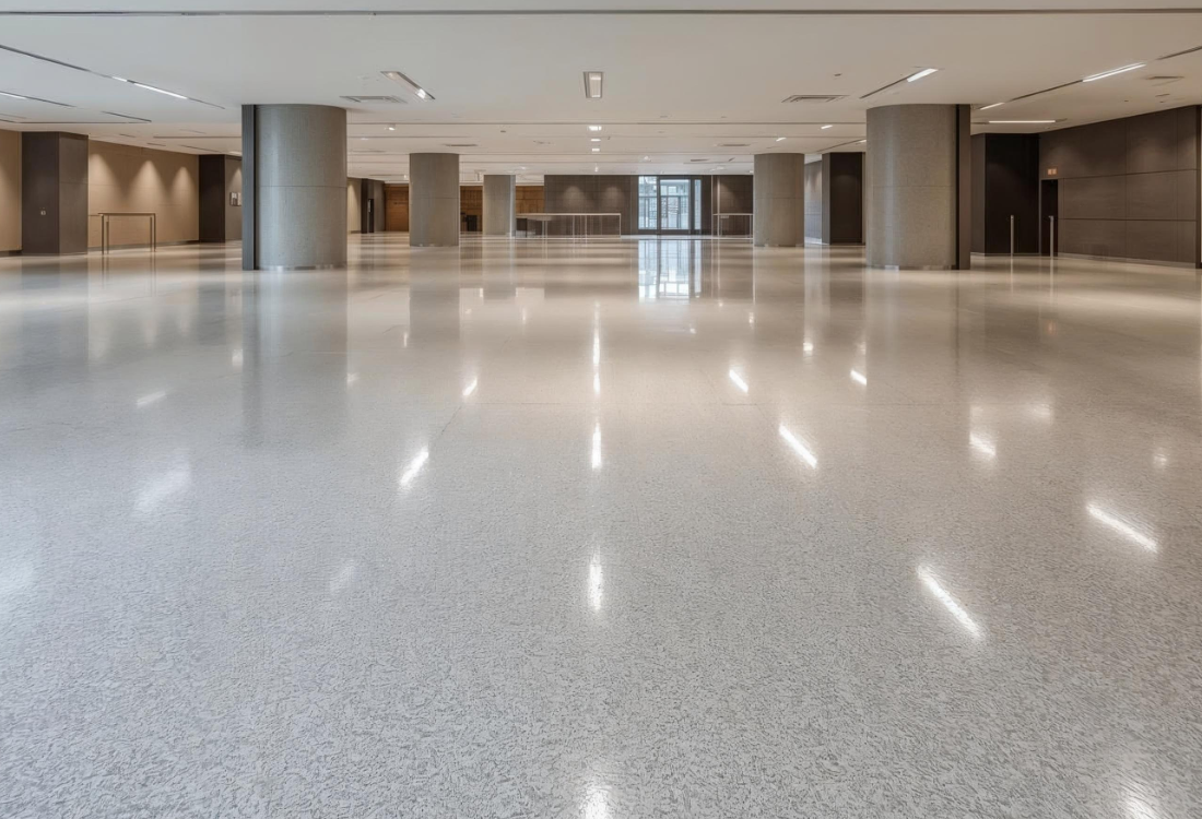 White resin flooring in a commercial space.